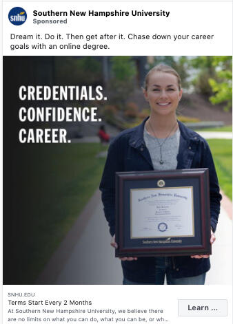 SNHU Facebook ad featuring young graduate who is reaching her career goals