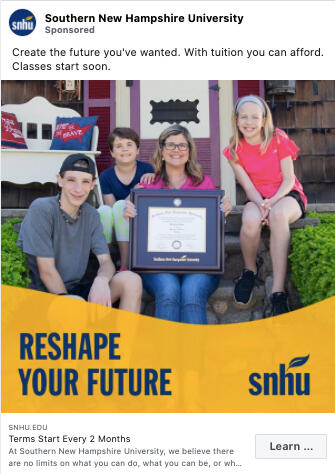 SNHU Facebook ad featuring nursing graduate surrounded by her children