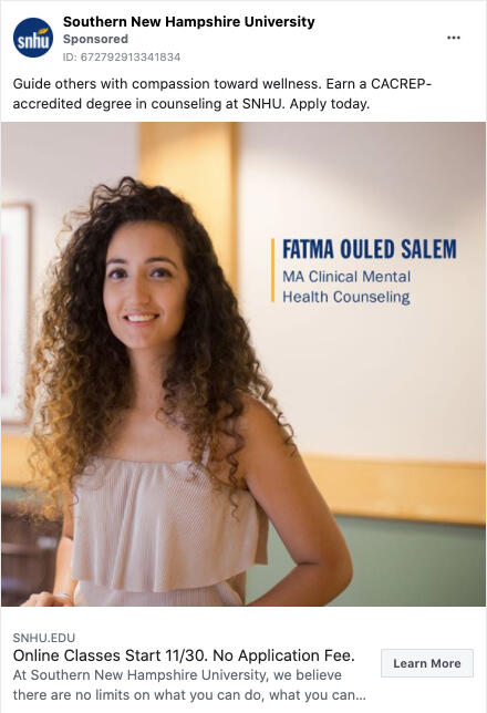 SNHU Facebook ad featuring graduate of MA Clinical Mental Health Counseling program