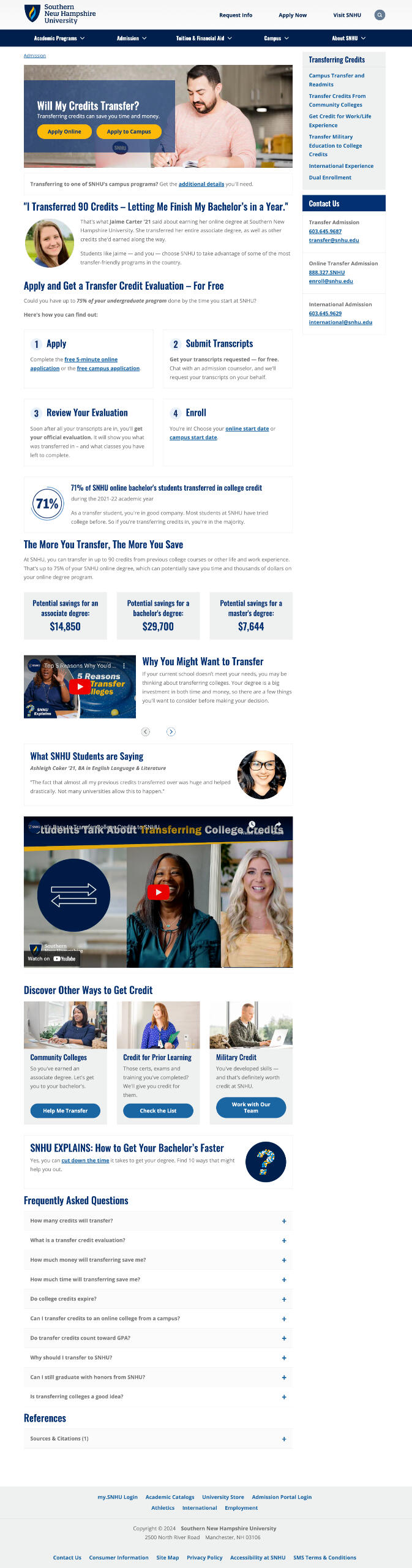 Image of SNHU transfer webpage
