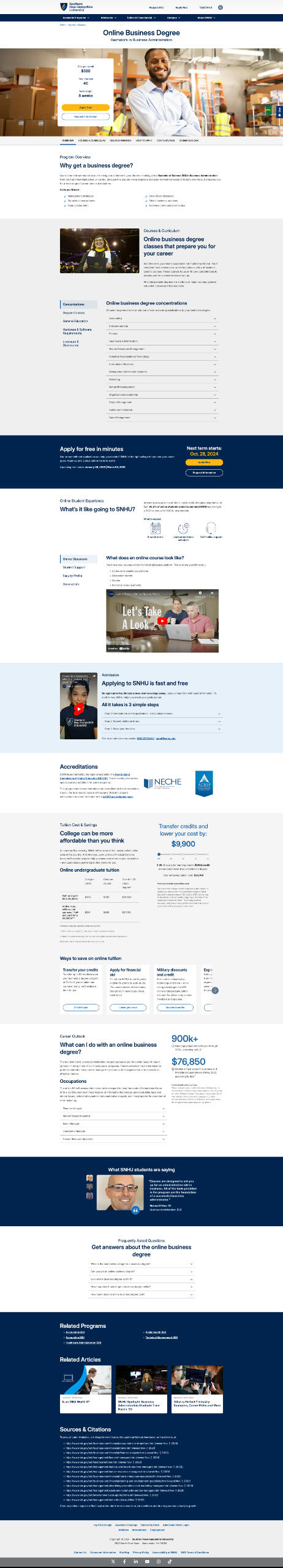 Image of SNHU online business degree webpage
