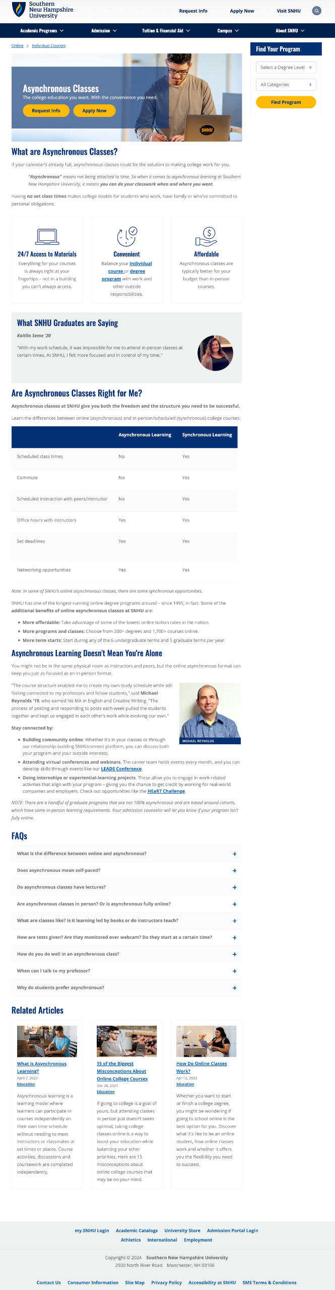 Image of SNHU asynchronous classes webpage